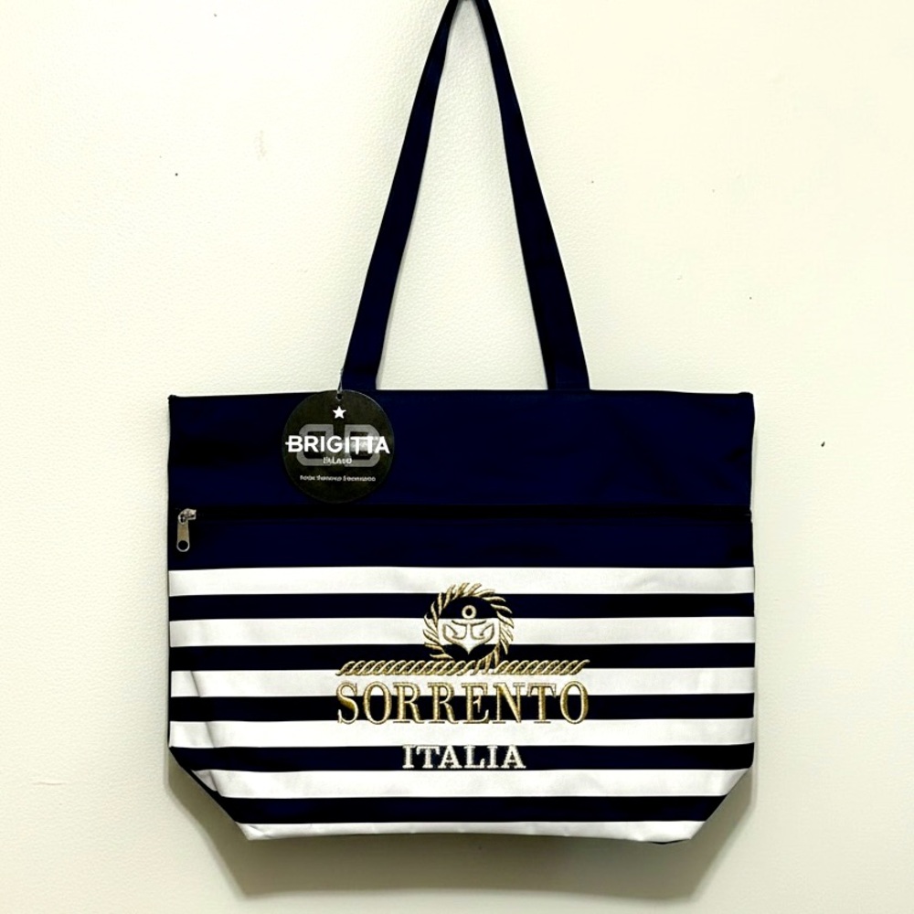 Elegant NWT SORRENTO ITALIA Nautical Blue & white Travel Bag Gold Embroidery
